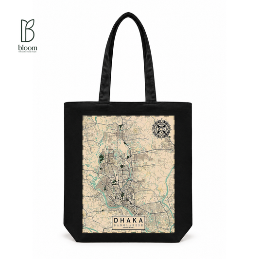Dhaka on the Map canvas tote bag - Regular Black | Bloom Bags BD