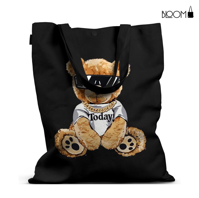 Trendy Black Tote Bag with Stylish Teddy Bear Design