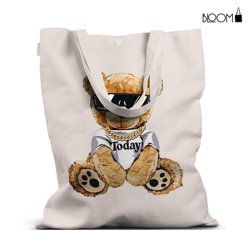 Trendy Black Tote Bag with Stylish Teddy Bear Design