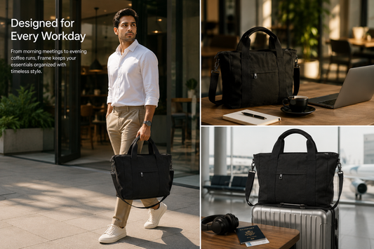 Man carrying the Frame work tote to the office, a cafe, and through the airport