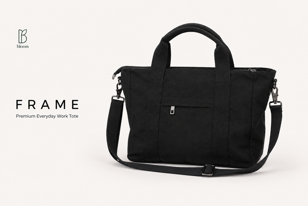 Frame premium everyday work tote in black canvas with detachable crossbody strap