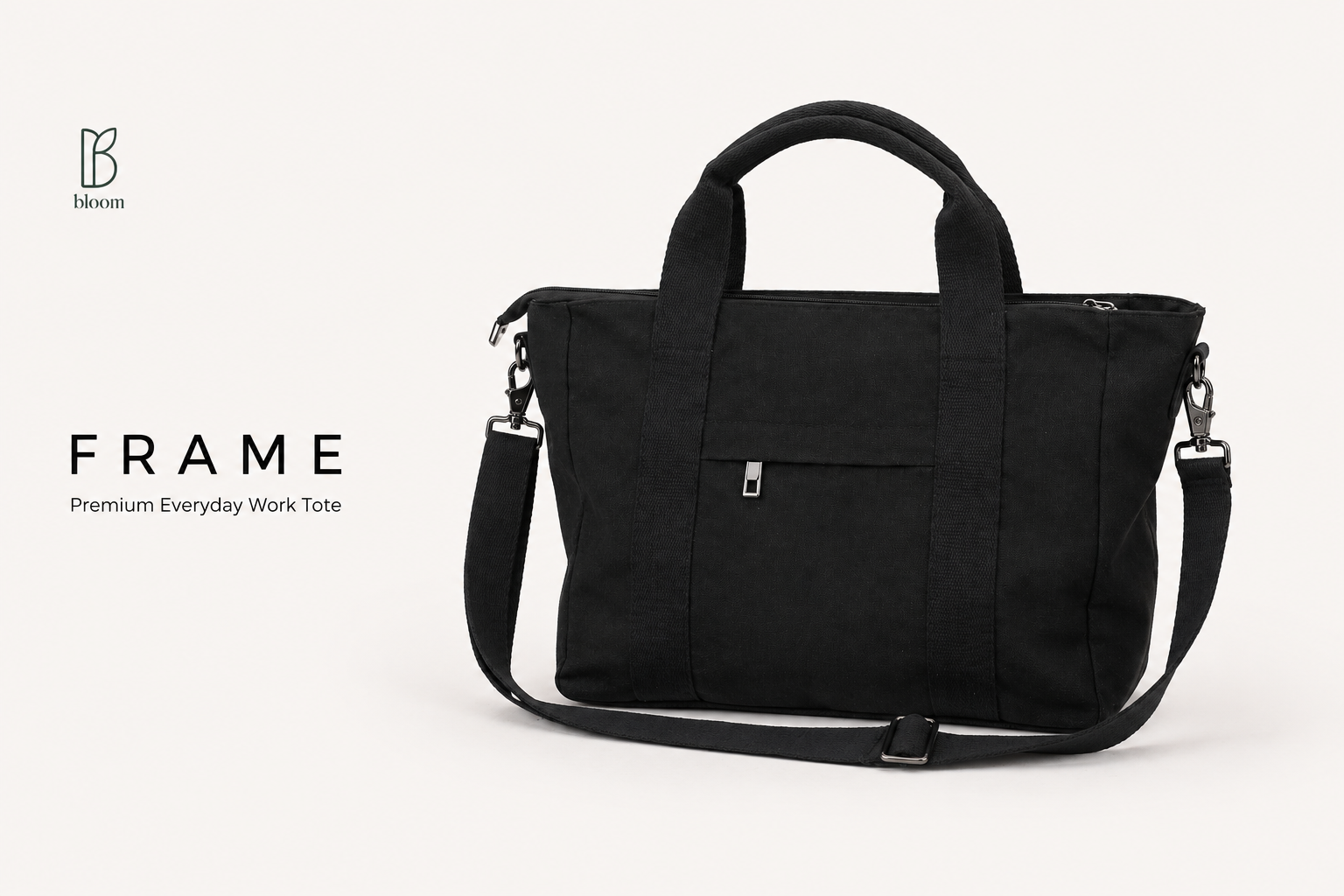 Frame premium everyday work tote in black canvas with detachable crossbody strap