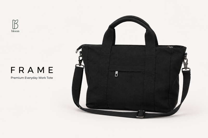 Frame premium everyday work tote in black canvas with detachable crossbody strap