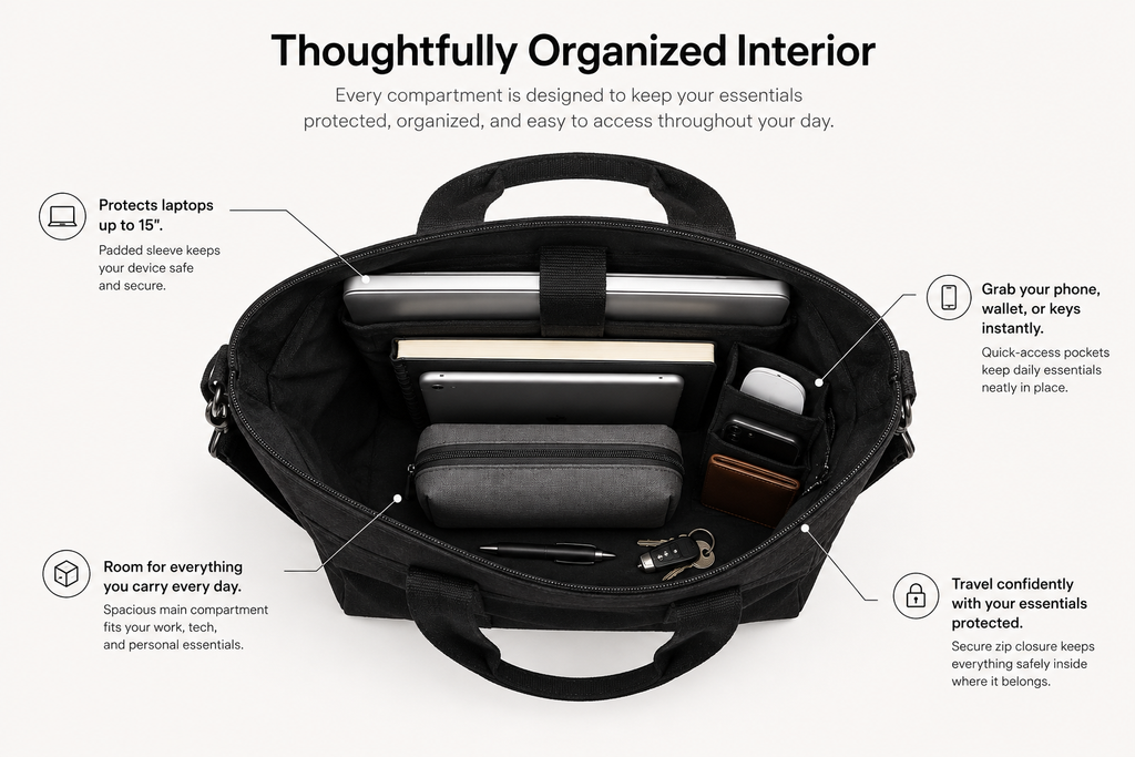 Frame tote bag organized interior with padded laptop sleeve and quick access pockets