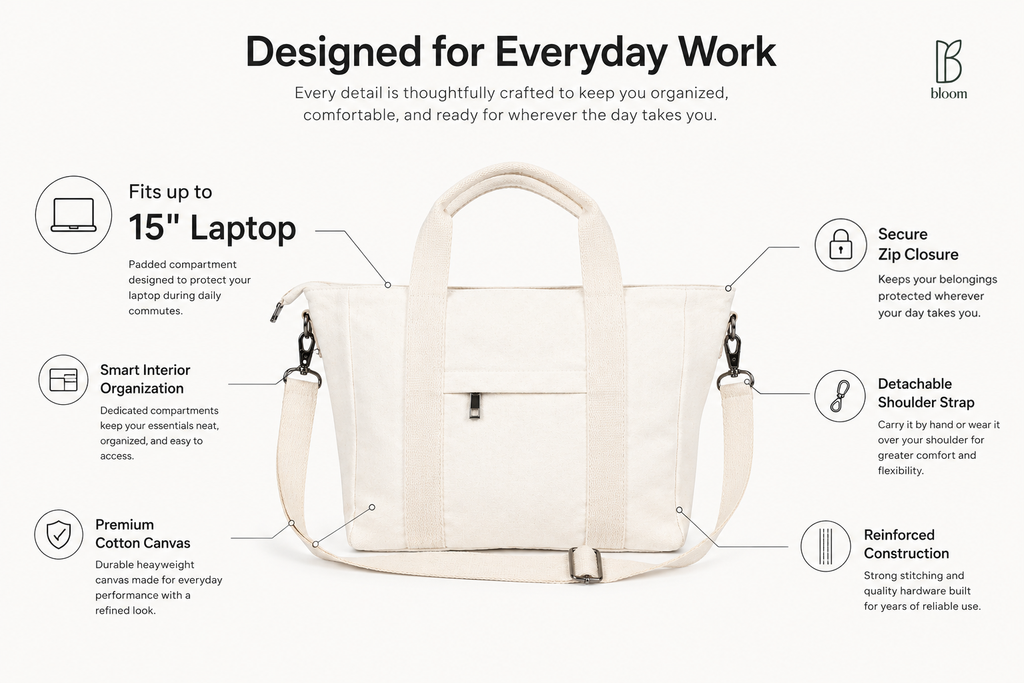 Frame natural white tote bag features - fits 15 inch laptop, detachable shoulder strap, premium canvas
