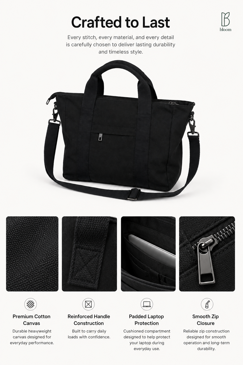 Frame tote bag material details - premium cotton canvas, reinforced handles, padded laptop protection, smooth zipper