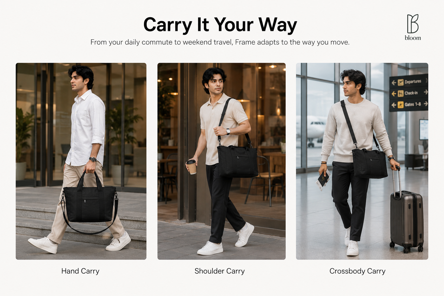 Frame tote bag carried three ways - by hand, on the shoulder, and crossbody