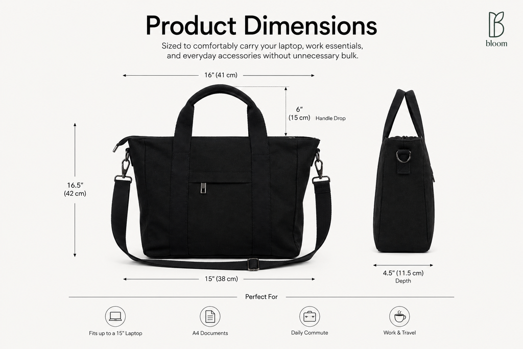 Frame tote bag size chart - 16.5 inch height, 16 inch top width, 15 inch bottom width