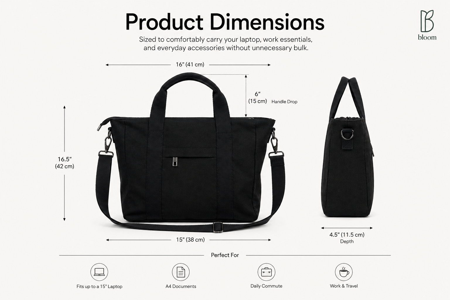 Frame tote bag size chart - 16.5 inch height, 16 inch top width, 15 inch bottom width