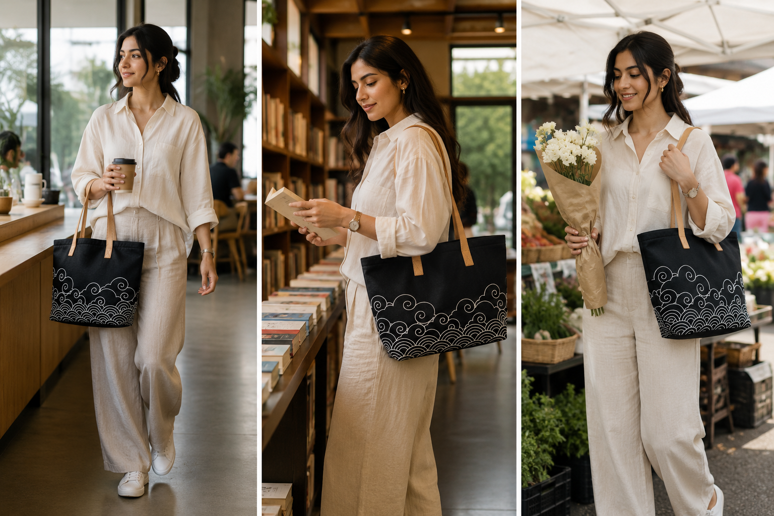 Woman carrying the Kumo Japanese wave print tote bag at a cafe, bookstore, and outdoor market