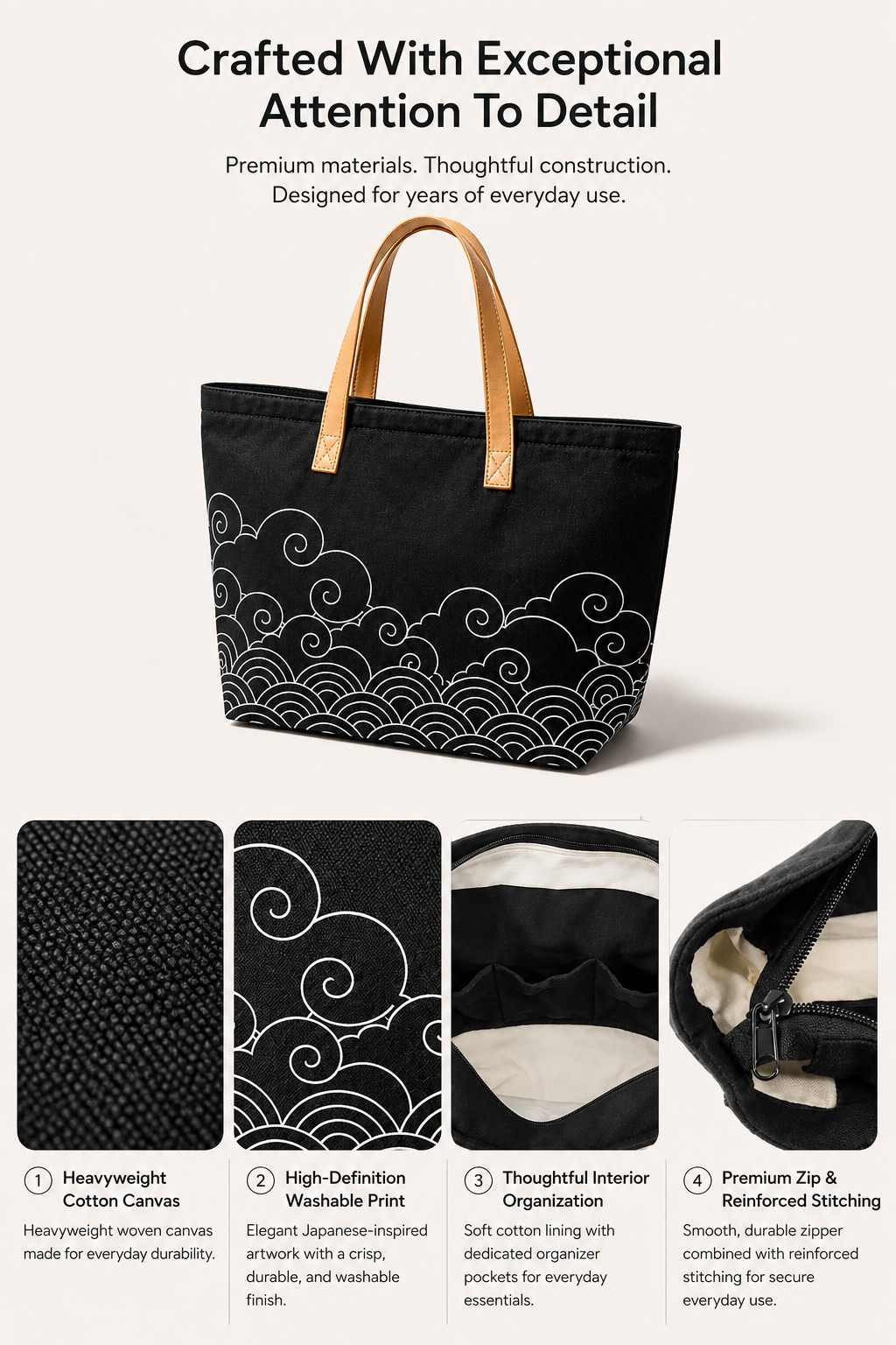 Close up of Kumo tote canvas texture, wave print detail, interior lining, and zipper