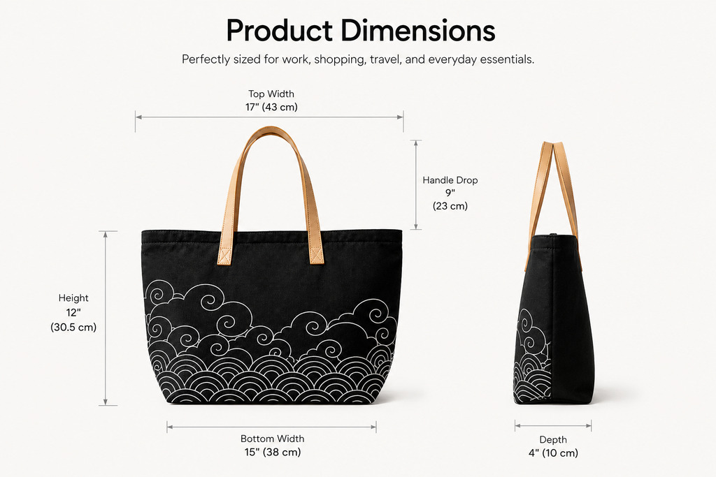 Kumo tote bag size chart - height 12 inches, top width 17 inches, bottom width 15 inches
