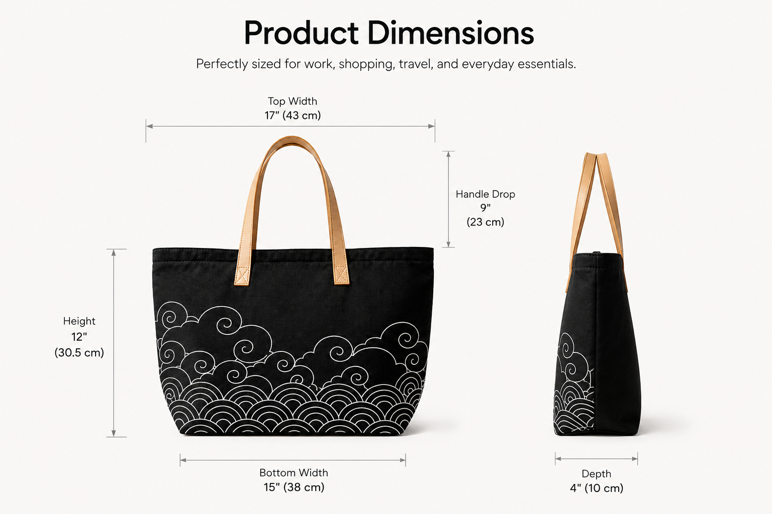 Kumo tote bag size chart - height 12 inches, top width 17 inches, bottom width 15 inches