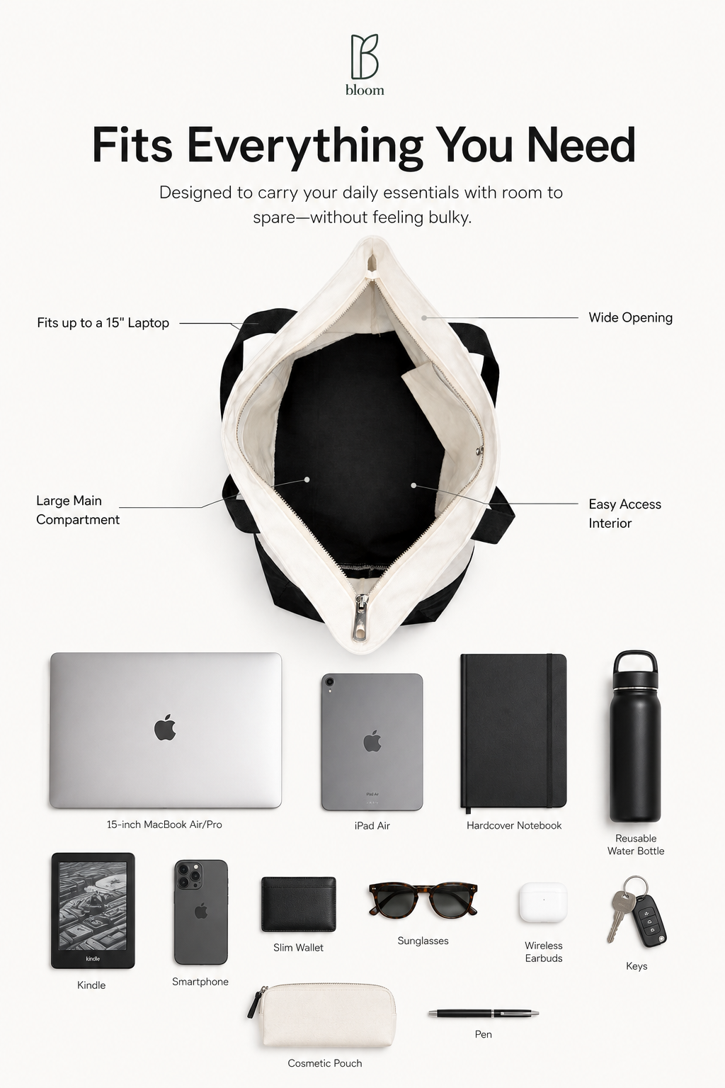 Element tote bag interior fitting a 15 inch laptop, iPad, notebook, and daily essentials