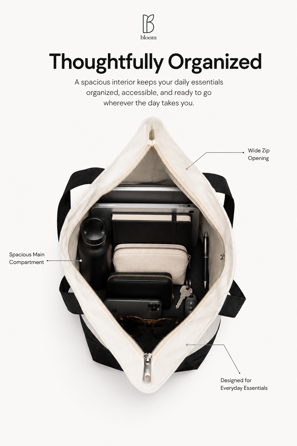 Element tote bag organized interior packed with laptop, wallet, keys, and essentials