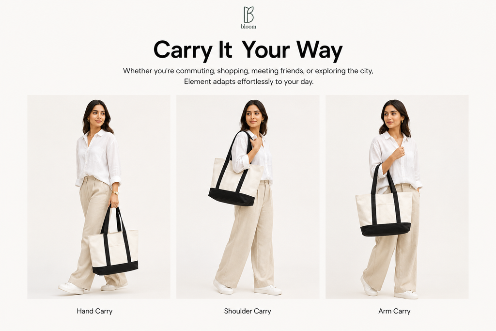 Element tote bag carried three ways - by hand, on the shoulder, and on the arm