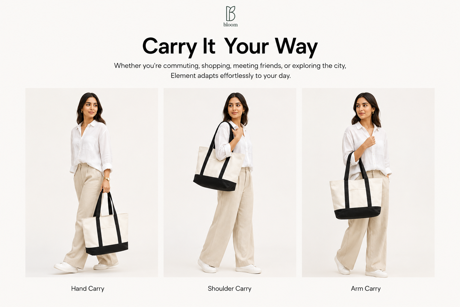Element tote bag carried three ways - by hand, on the shoulder, and on the arm