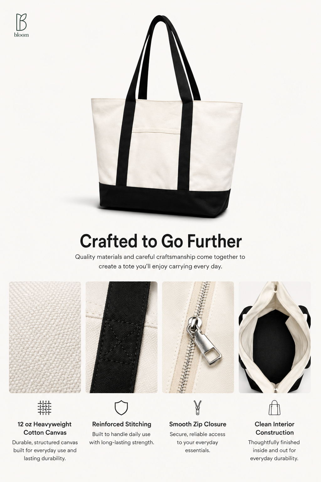 Element tote bag material details - heavyweight cotton canvas, reinforced stitching, zipper, interior lining