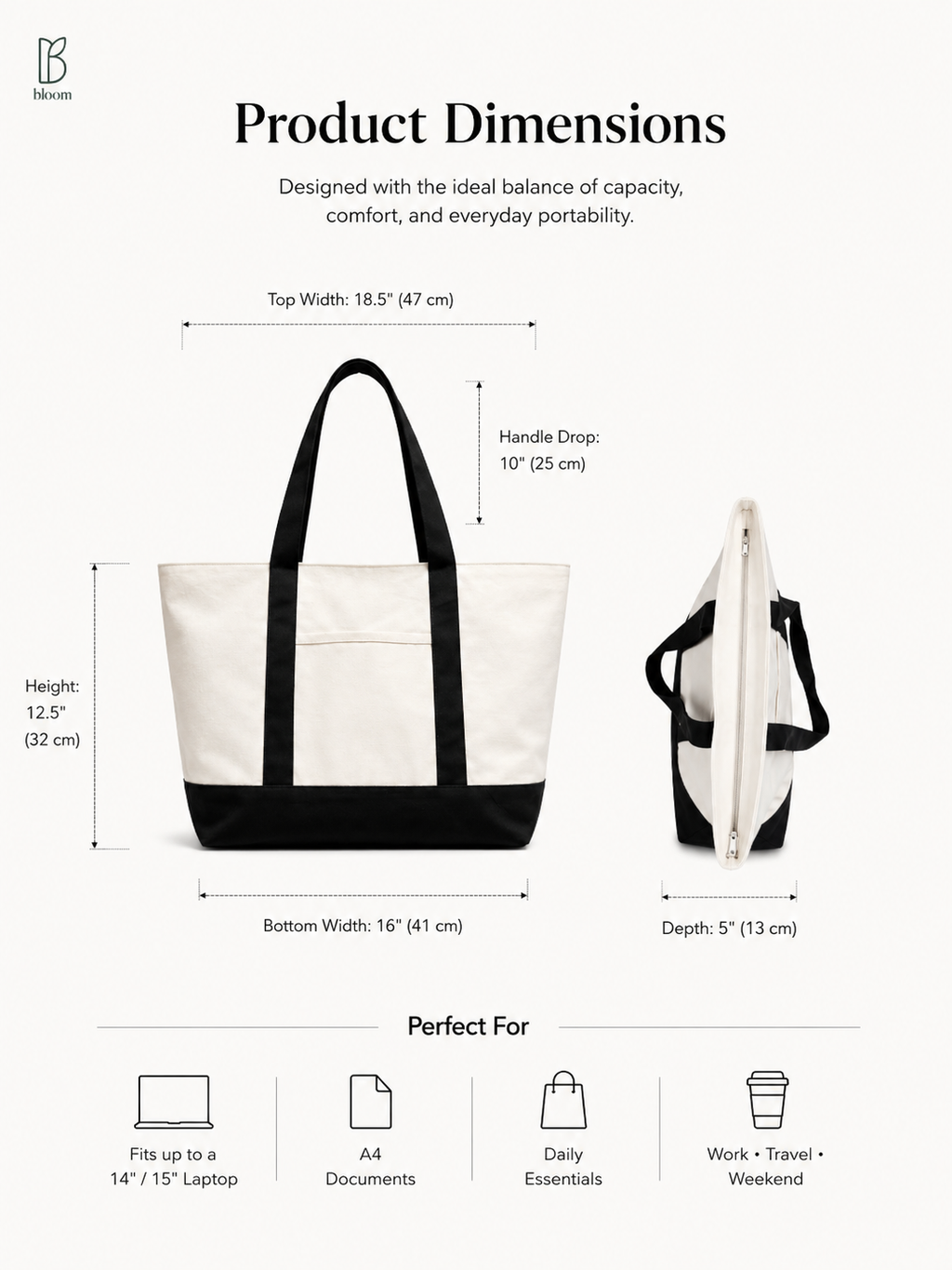 Element tote bag size chart and dimensions