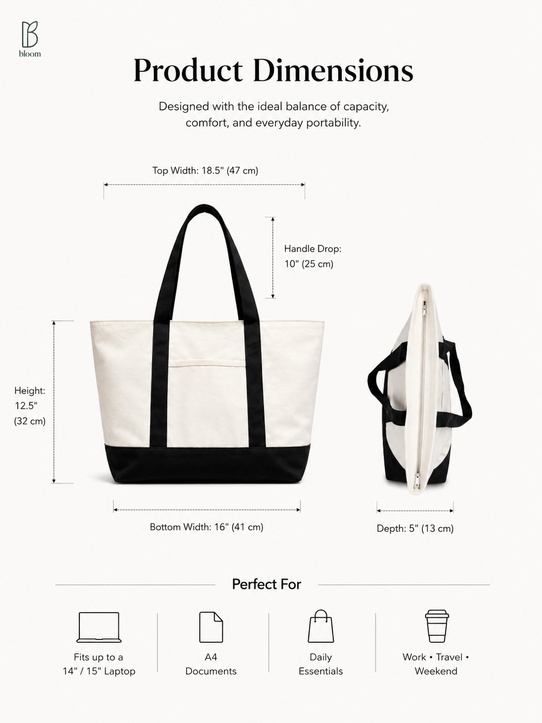 Element tote bag size chart and dimensions