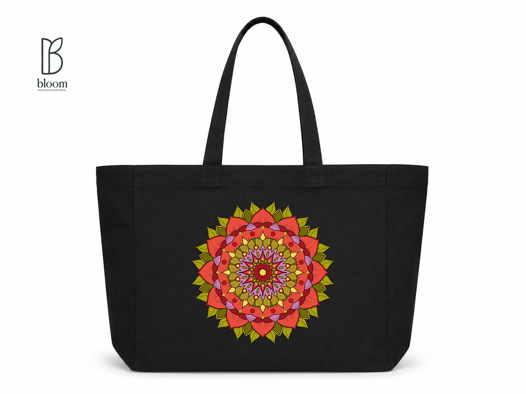 Crimson Petal Mandala Canvas Tote Bag - Extended Black | Bloom Bags BD