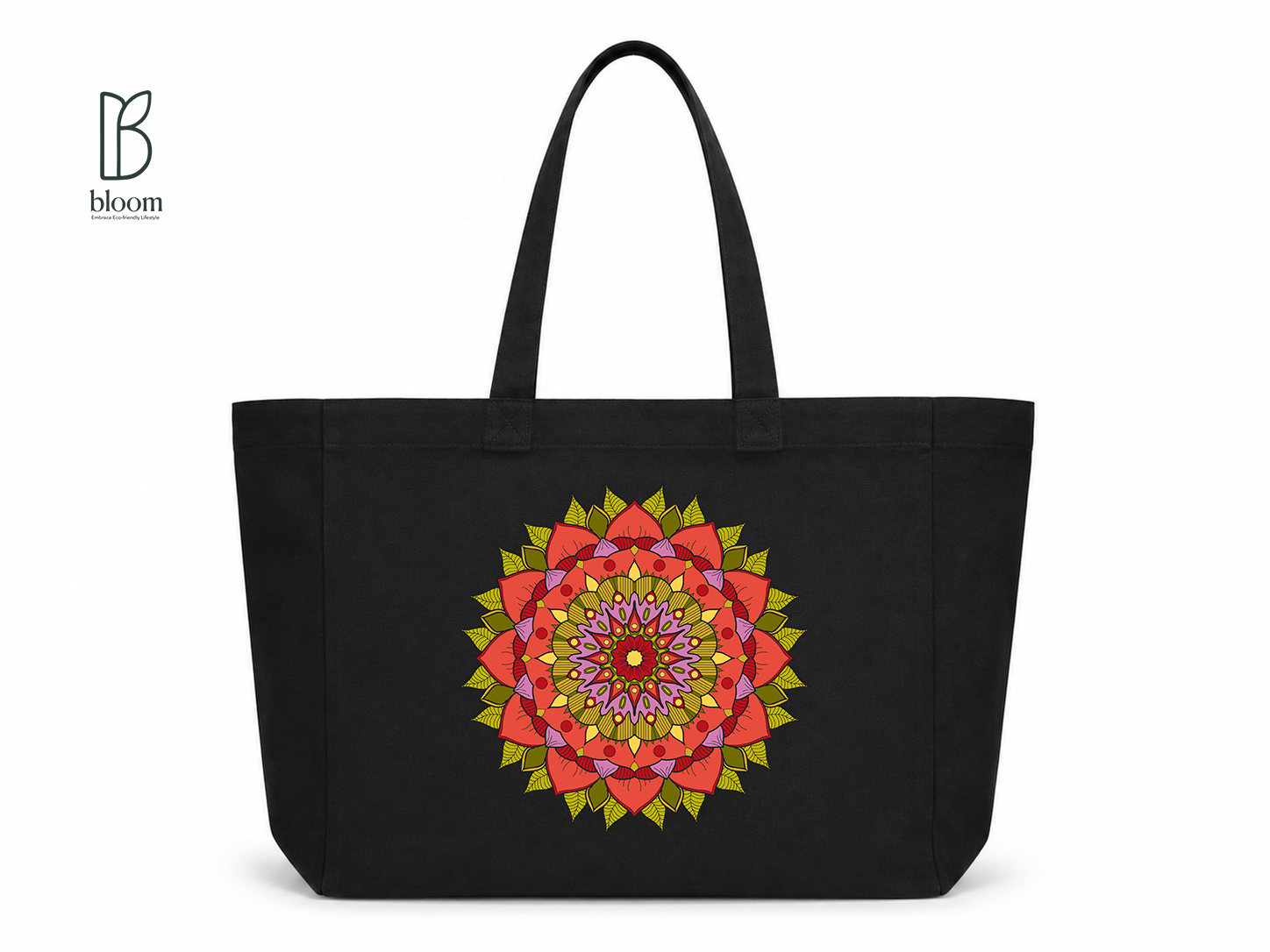 Crimson Petal Mandala Canvas Tote Bag - Extended Black | Bloom Bags BD