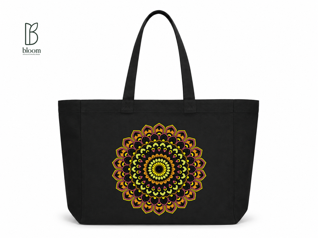 Golden Bloom Mandala Canvas Tote Bag - Extended Black | Bloom Bags BD