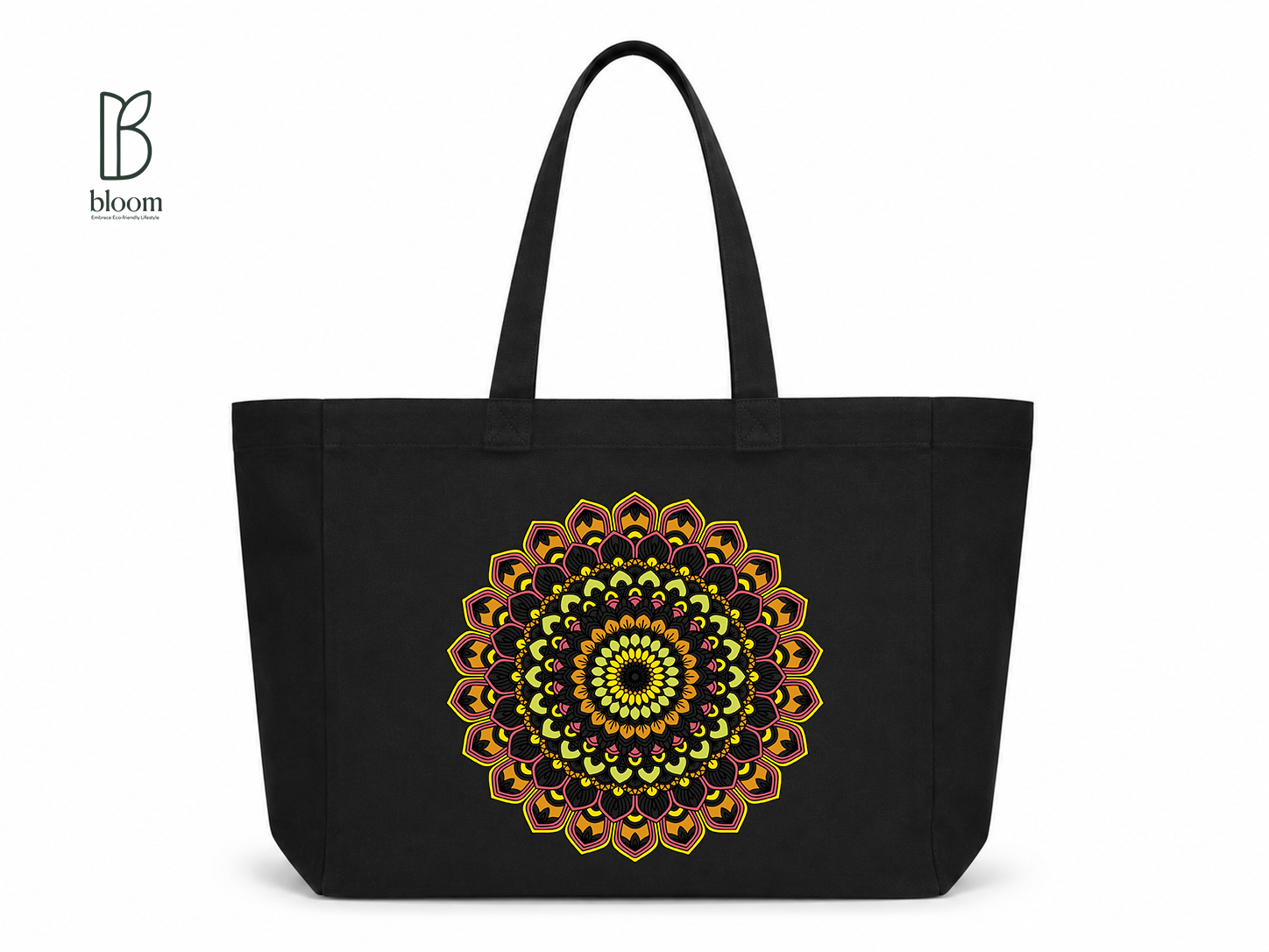 Golden Bloom Mandala Canvas Tote Bag - Extended Black | Bloom Bags BD