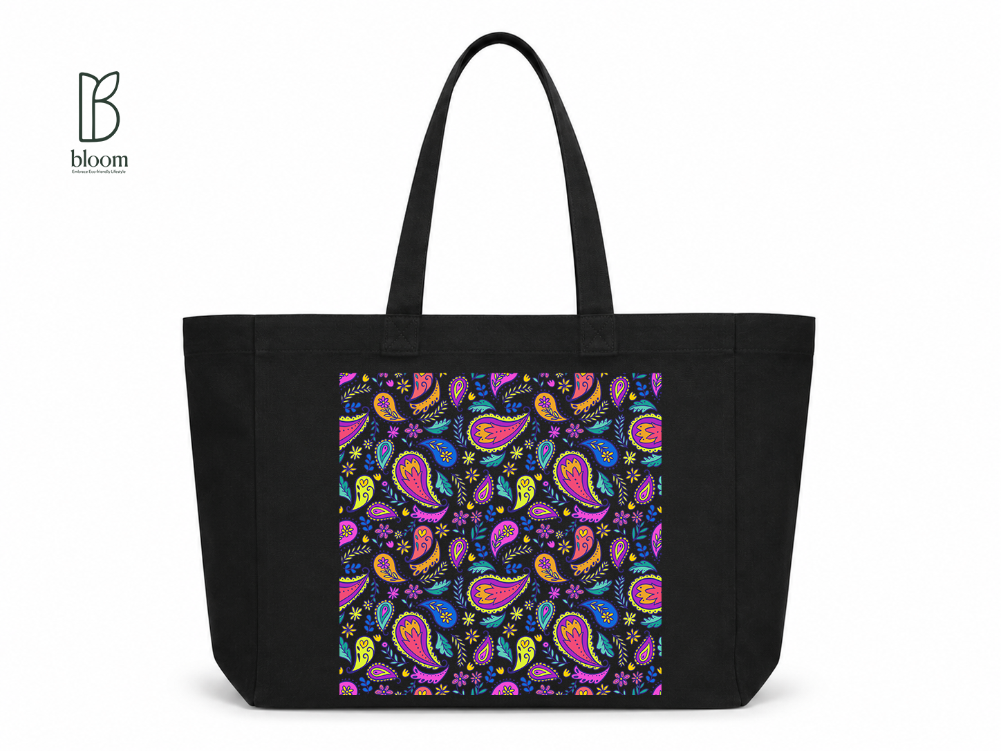 Neon Paisley Garden Canvas Tote Bag - Extended Black | Bloom Bags BD