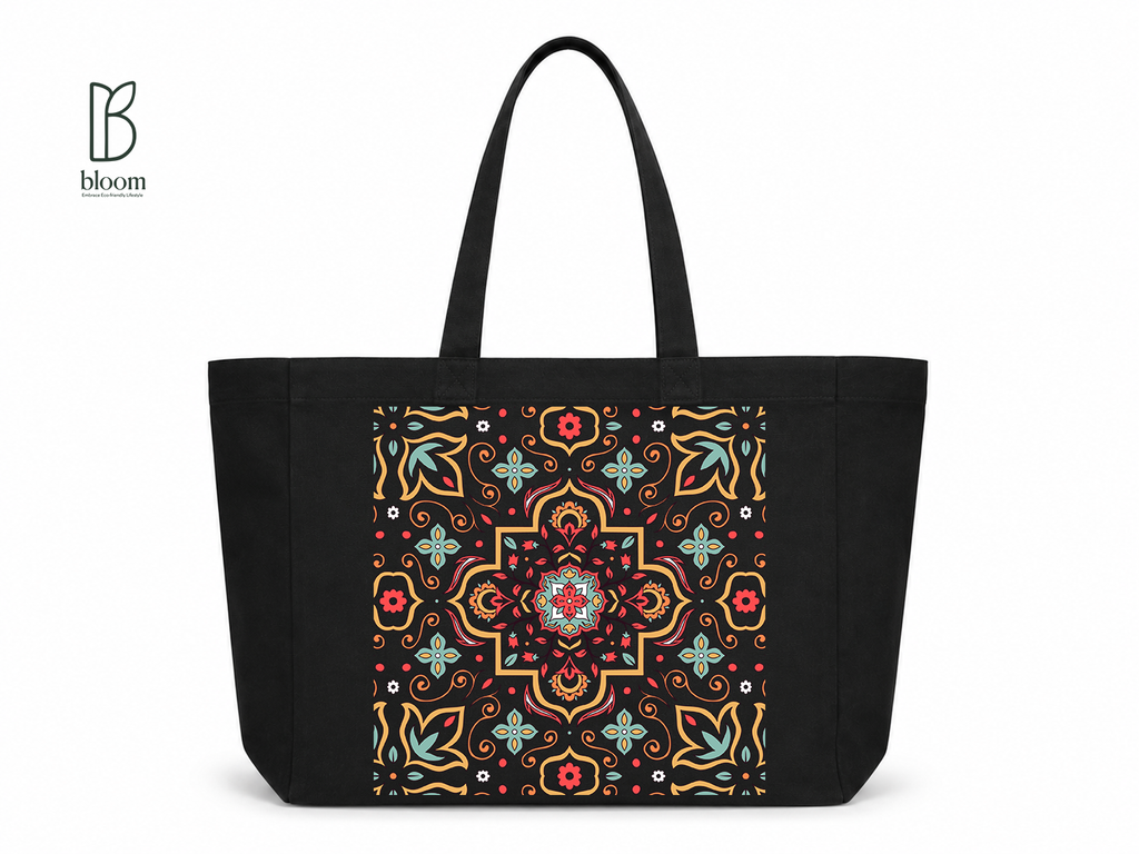 Moroccan Tile Bloom Canvas Tote Bag - Extended Black | Bloom Bags BD