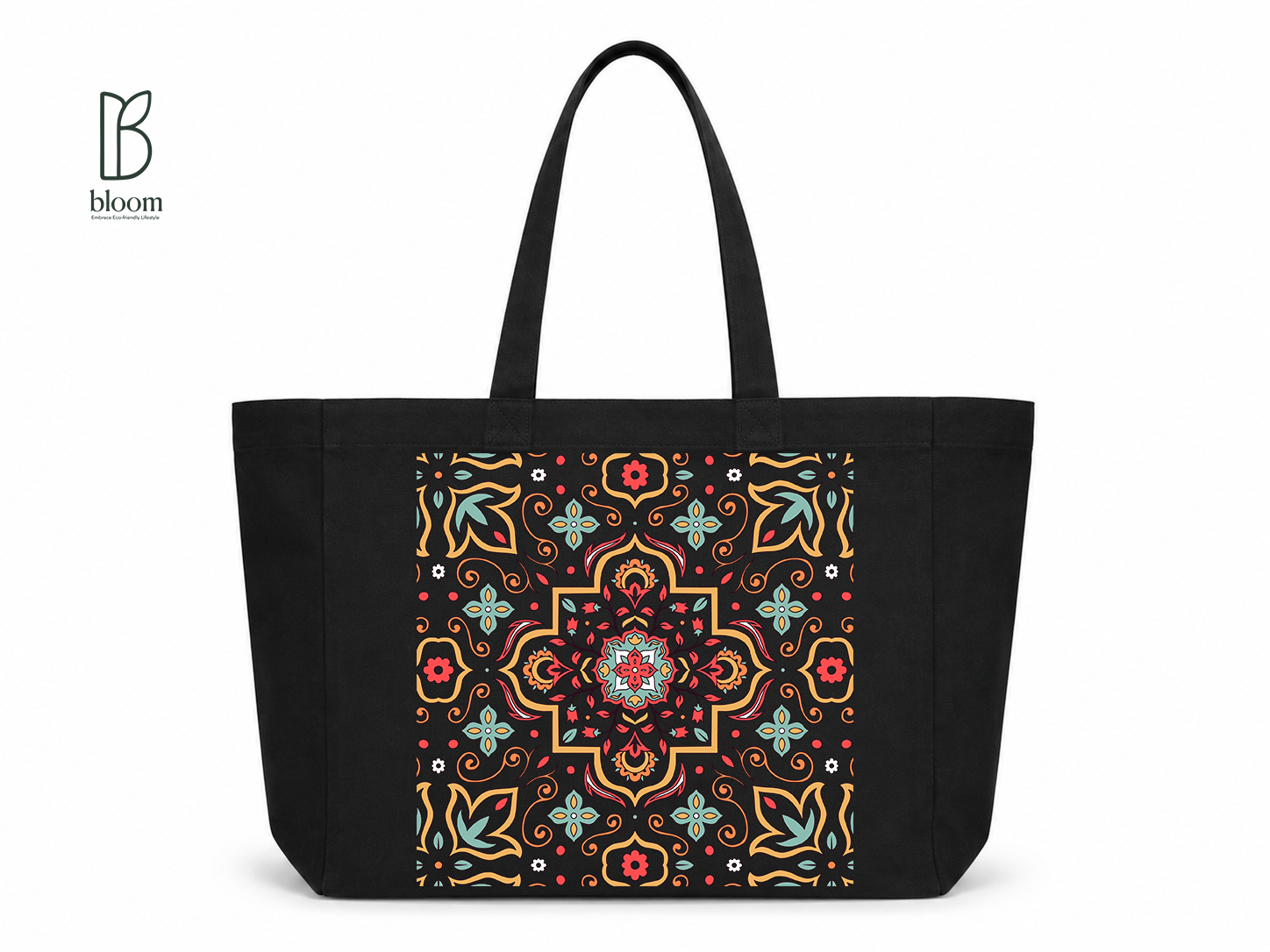Moroccan Tile Bloom Canvas Tote Bag - Extended Black | Bloom Bags BD