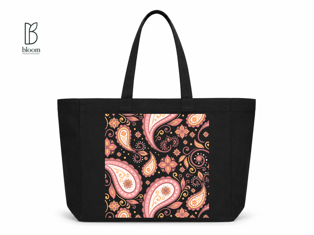 Blush Paisley Whisper Canvas Tote Bag - Extended Black | Bloom Bags BD