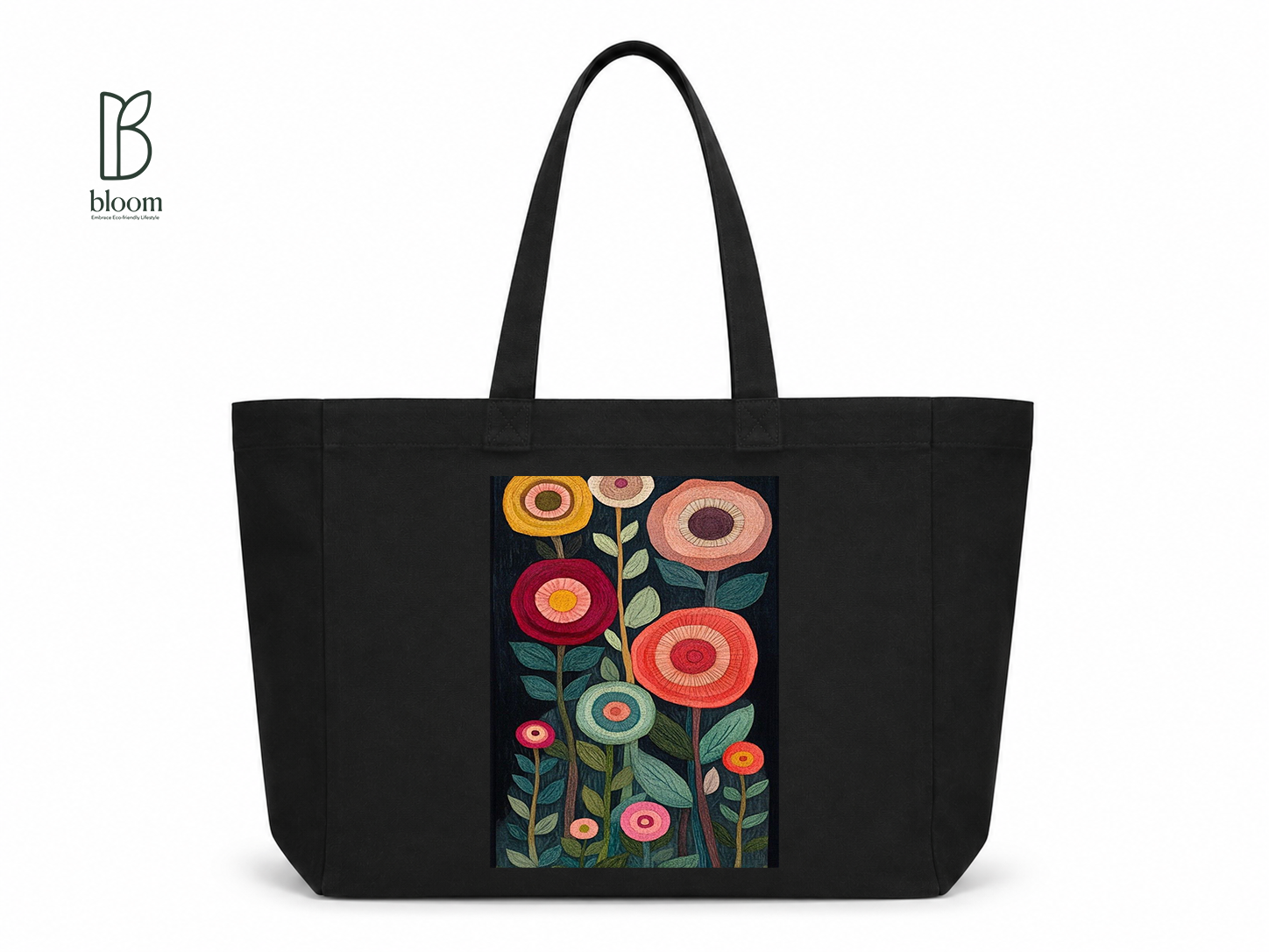 Embroidered Flower Garden Canvas Tote Bag - Extended Black | Bloom Bags BD