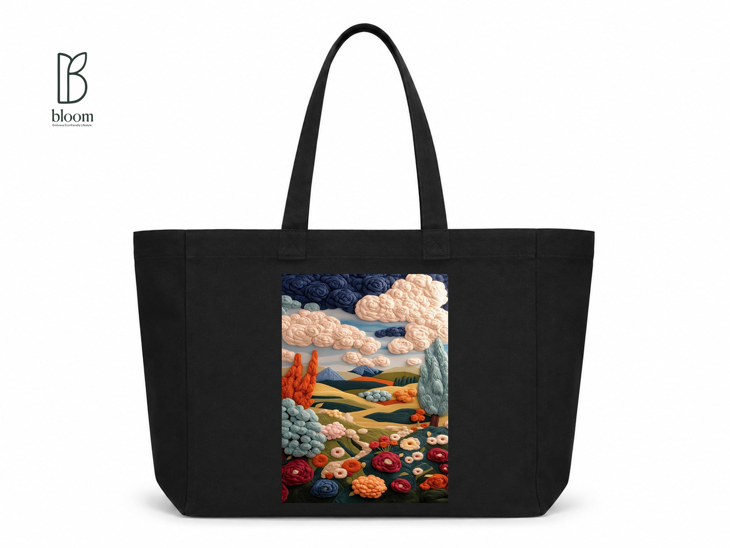 Embroidered Valley Bloom Canvas Tote Bag - Extended Black | Bloom Bags BD