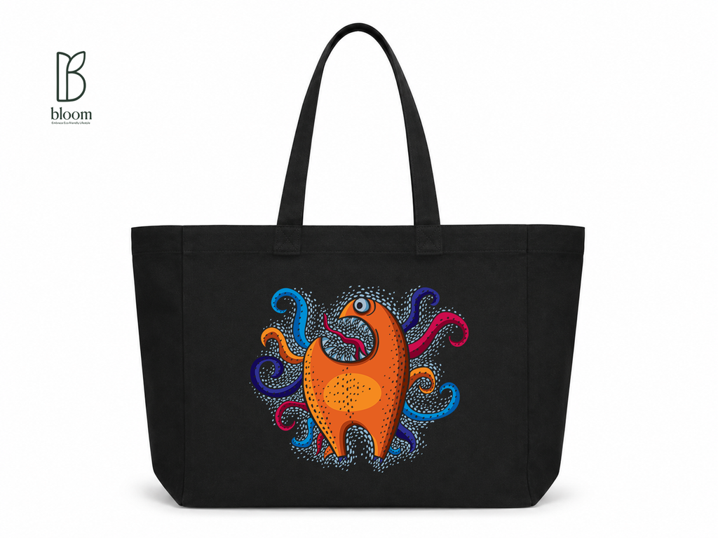 Whimsical Sea Creature Canvas Tote Bag - Extended Black | Bloom Bags BD