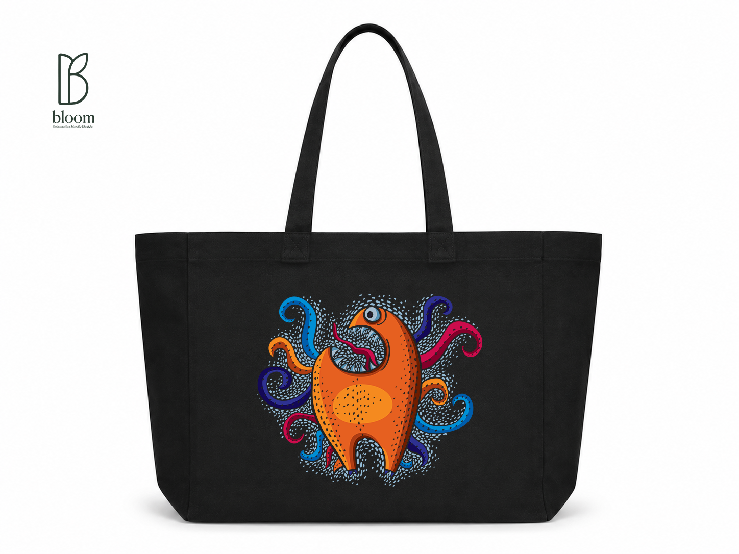 Whimsical Sea Creature Canvas Tote Bag - Extended Black | Bloom Bags BD