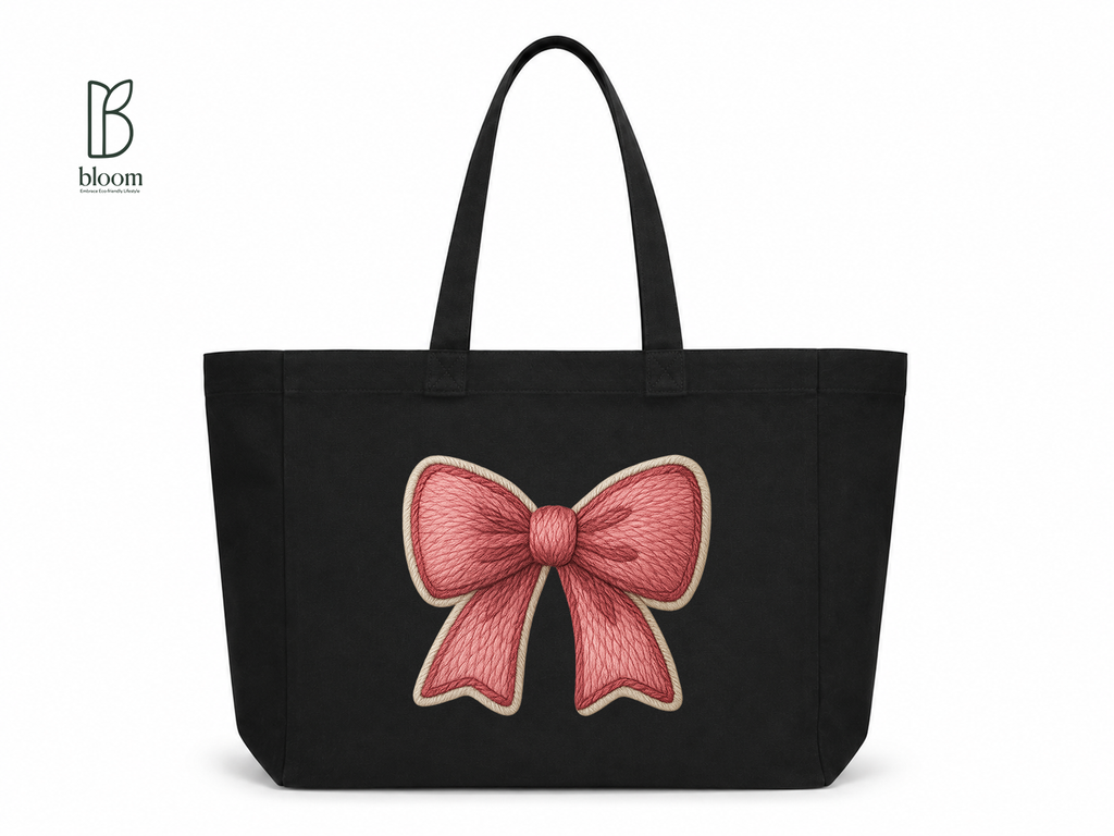 Red Ribbon Bow Canvas Tote Bag - Extended Black | Bloom Bags BD