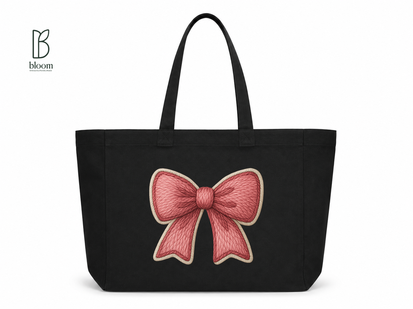 Red Ribbon Bow Canvas Tote Bag - Extended Black | Bloom Bags BD