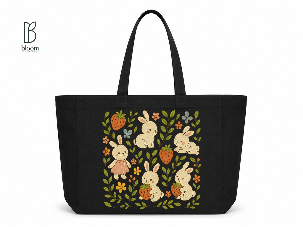 Bunny & Strawberry Meadow Canvas Tote Bag - Extended Black | Bloom Bags BD