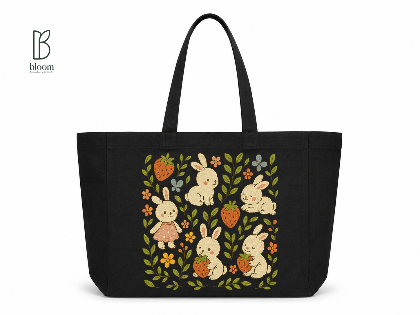 Bunny & Strawberry Meadow Canvas Tote Bag - Extended Black | Bloom Bags BD