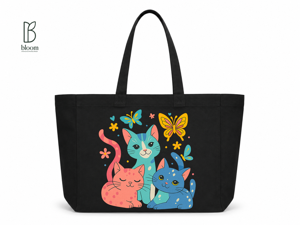 Three Kitties & Butterflies Canvas Tote Bag - Extended Black | Bloom Bags BD