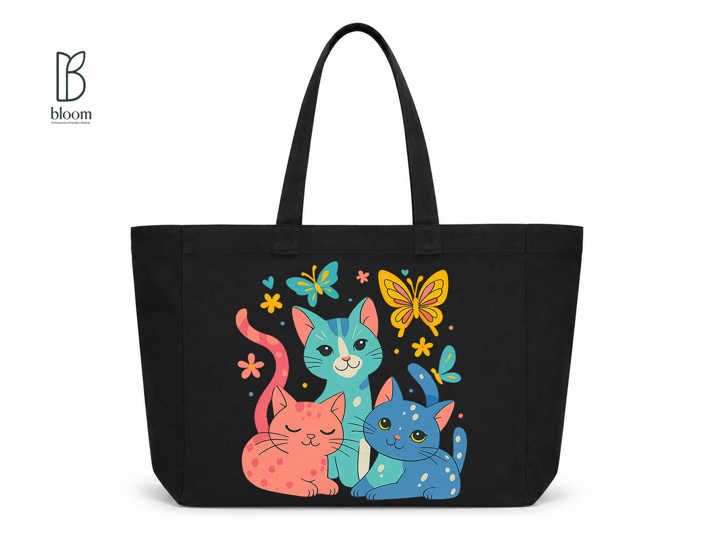 Three Kitties & Butterflies Canvas Tote Bag - Extended Black | Bloom Bags BD