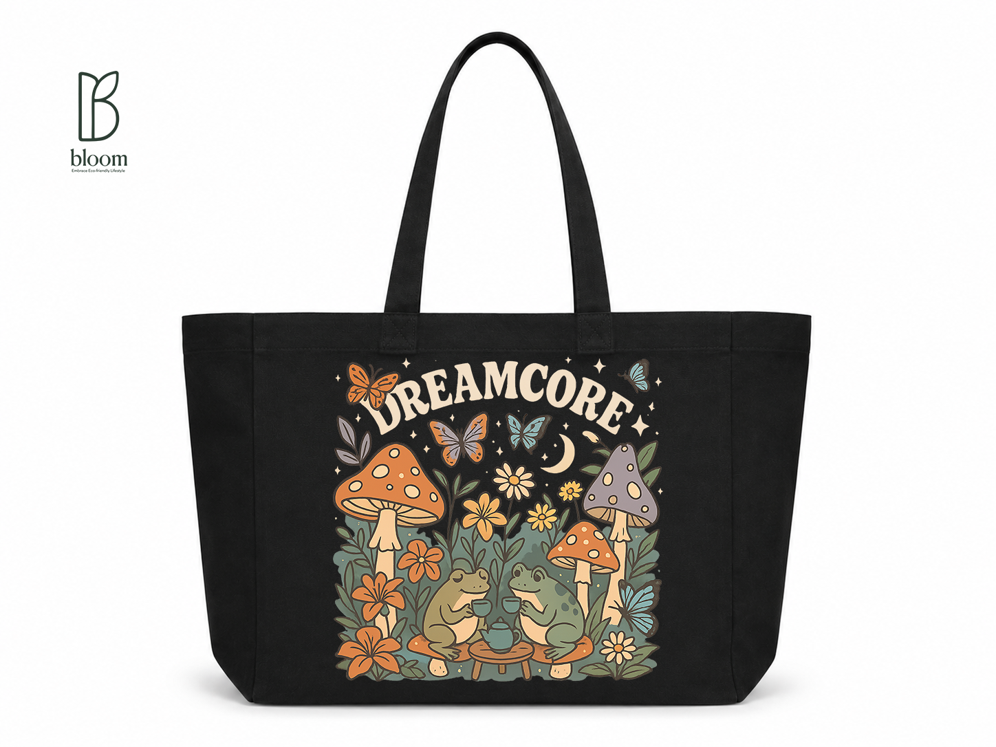 Dreamcore Frog Tea Party Canvas Tote Bag - Extended Black | Bloom Bags BD