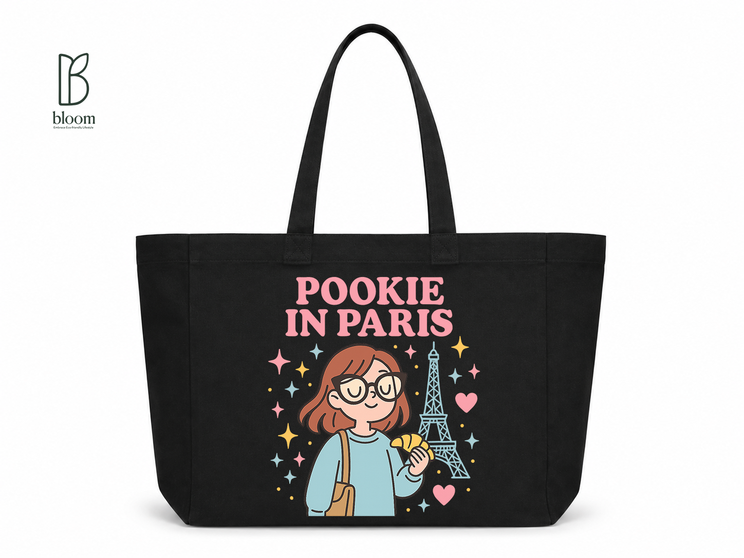 Pookie in Paris canvas tote bag - Extended size, Black, front view