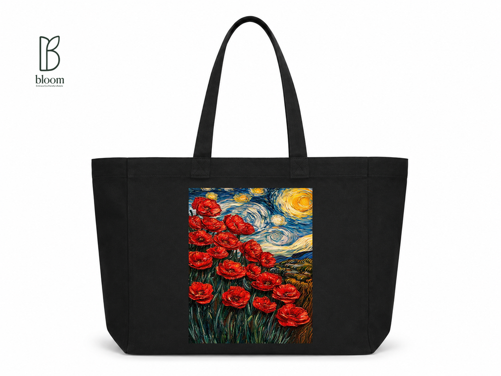 Starlit Poppies canvas tote bag - Extended Black | Bloom Bags BD