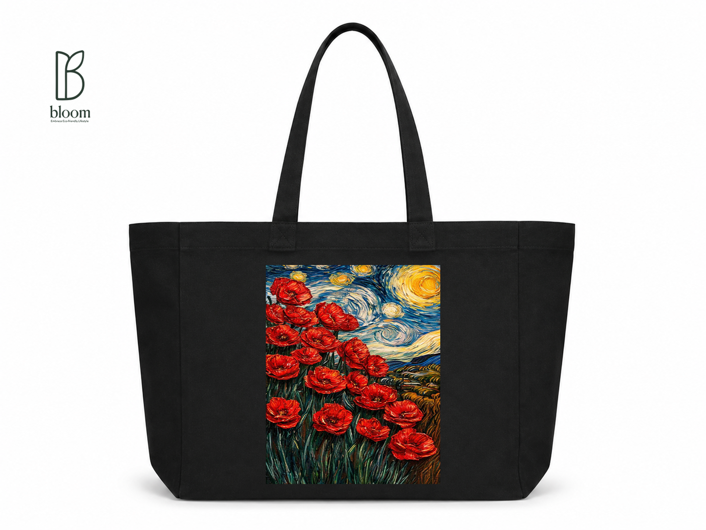 Starlit Poppies canvas tote bag - Extended Black | Bloom Bags BD
