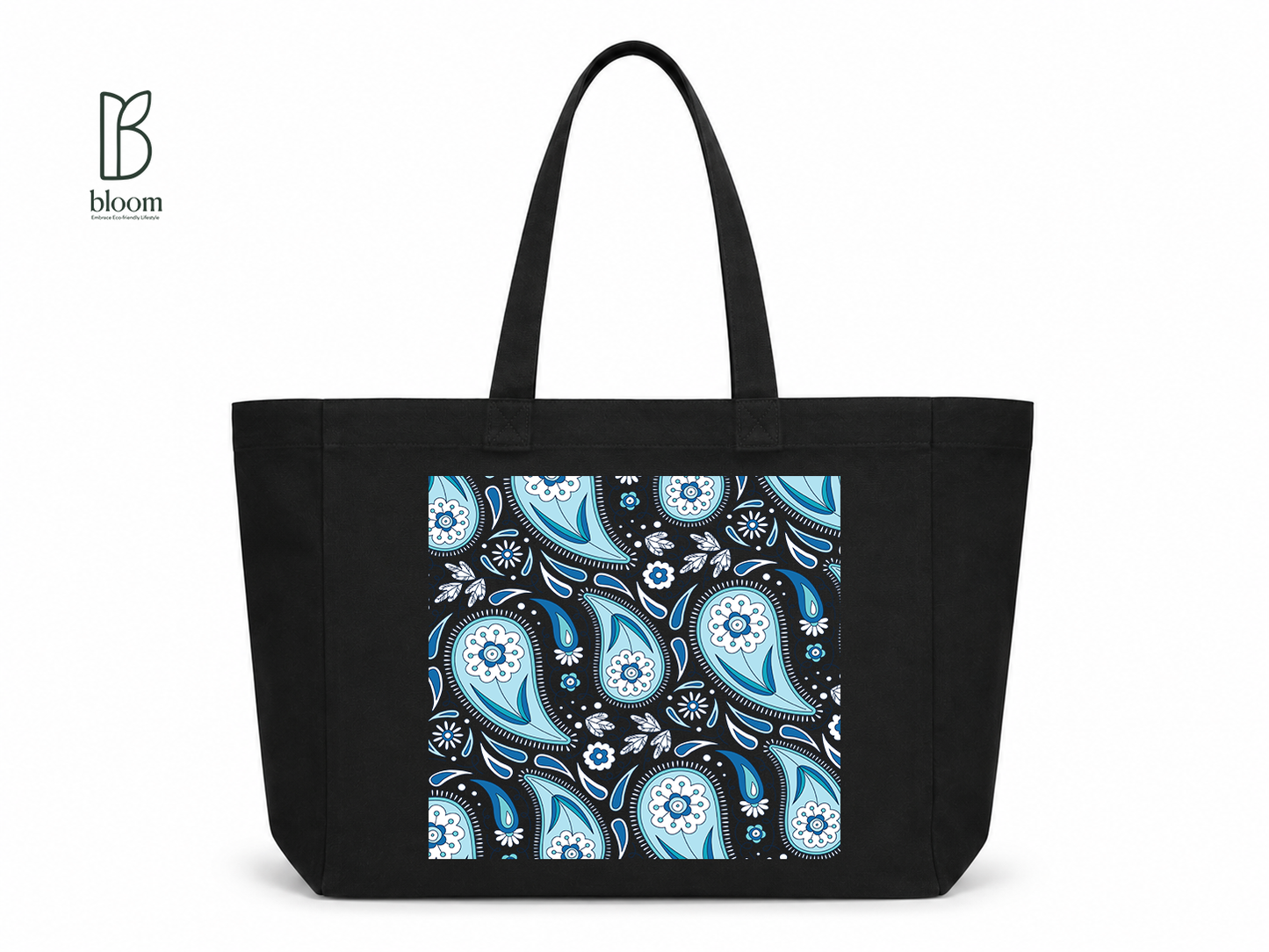 Indigo Paisley canvas tote bag - Extended Black | Bloom Bags BD
