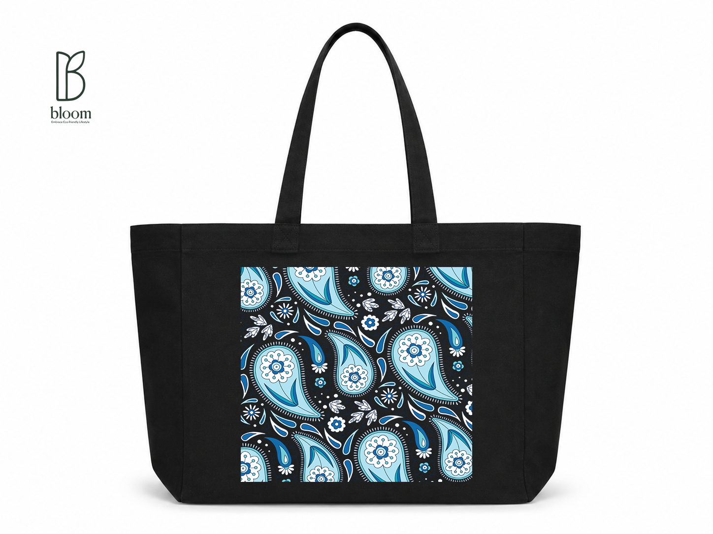 Indigo Paisley canvas tote bag - Extended Black | Bloom Bags BD
