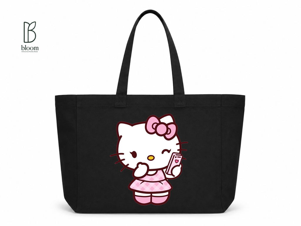 Kitty Selfie Moment Canvas Tote Bag - Extended Black | Bloom Bags BD