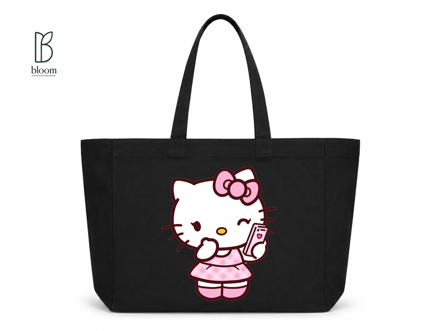 Kitty Selfie Moment Canvas Tote Bag - Extended Black | Bloom Bags BD